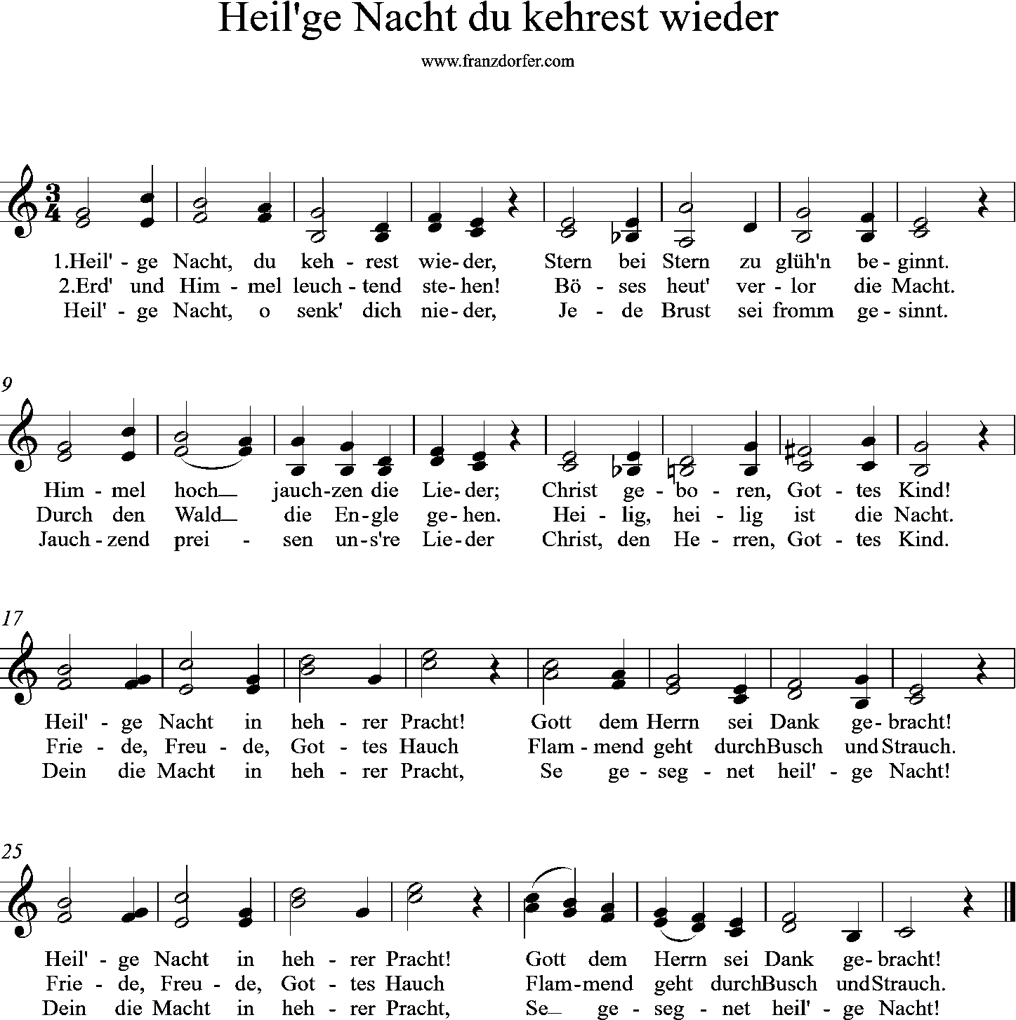 Noten, 2stimmig, Heilge Nacht du kehrest wieder, C-Dur